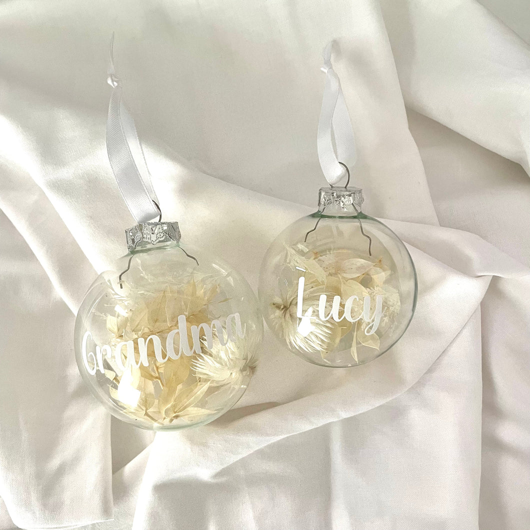 Personalised Dried Flower Christmas Bauble - Cream